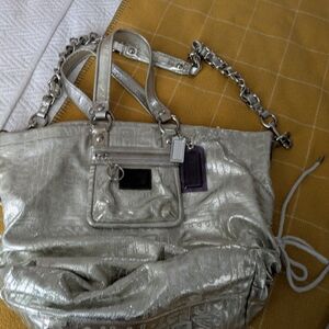 Coach Metallic Silver Chain-Accent Crossbody Tote